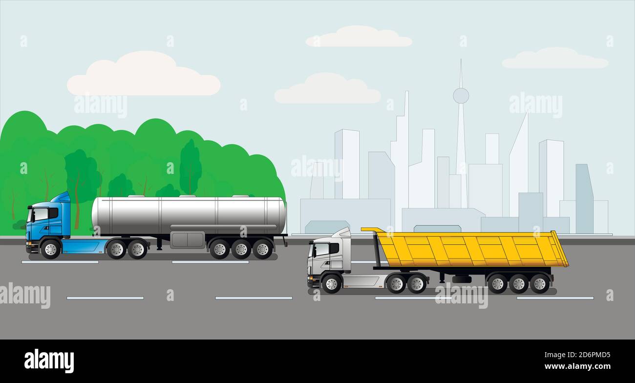LKW auf dem Hintergrund der Stadt. Stock Vektor