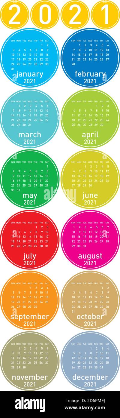 Bunte Kreise Kalender für Jahr 2021, in Vektoren Stock Vektor