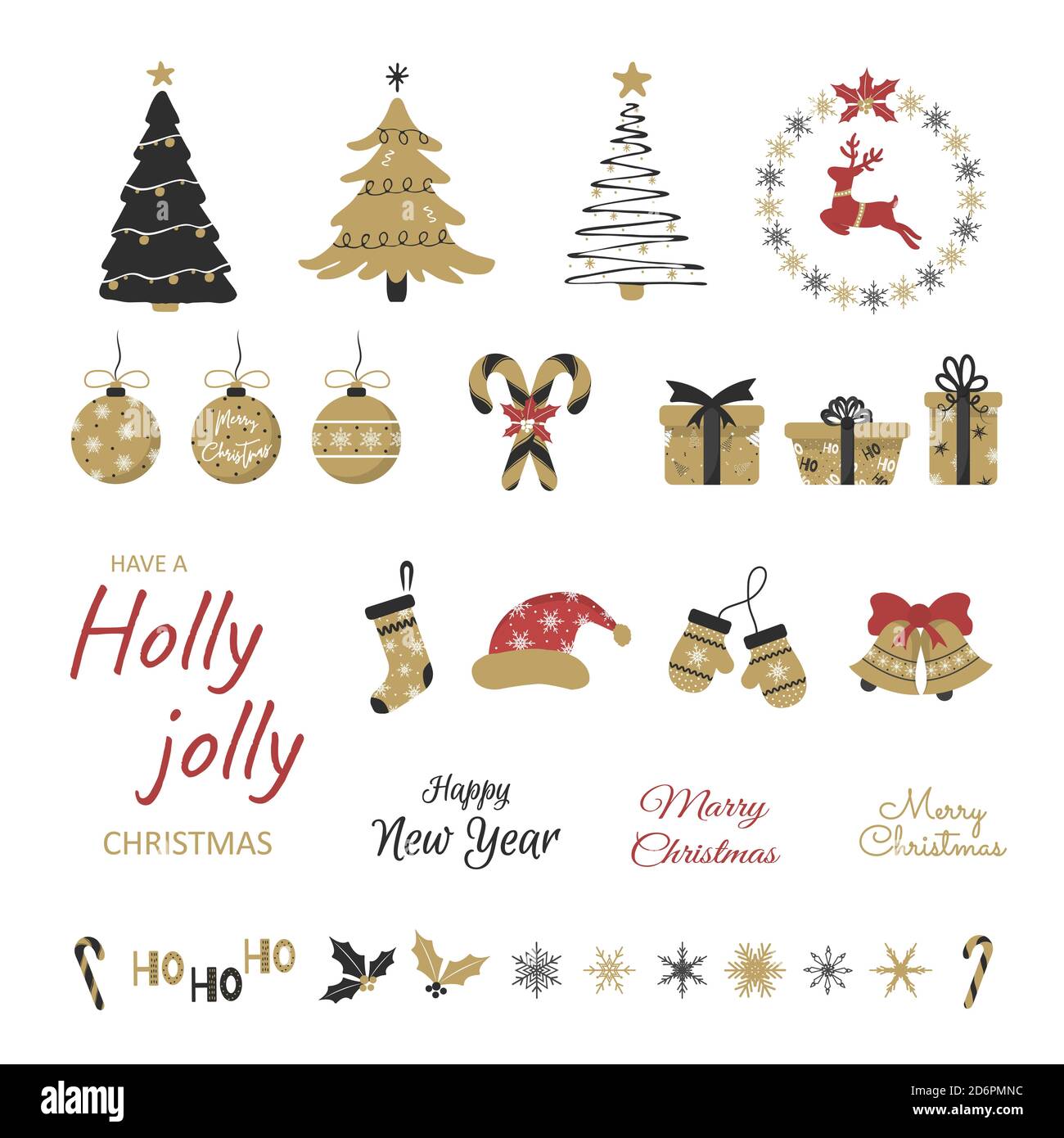 Set von Winterferien Design-Elemente. Fröhliches handgezeichnetes New Year Sticker Set. Weihnachten Illustration für Karte, Poster, Web, Logo, Scrapbooking Stock Vektor