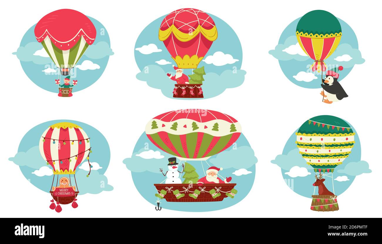 Weihnachtsfiguren fliegen in Heißluftballons Stock Vektor
