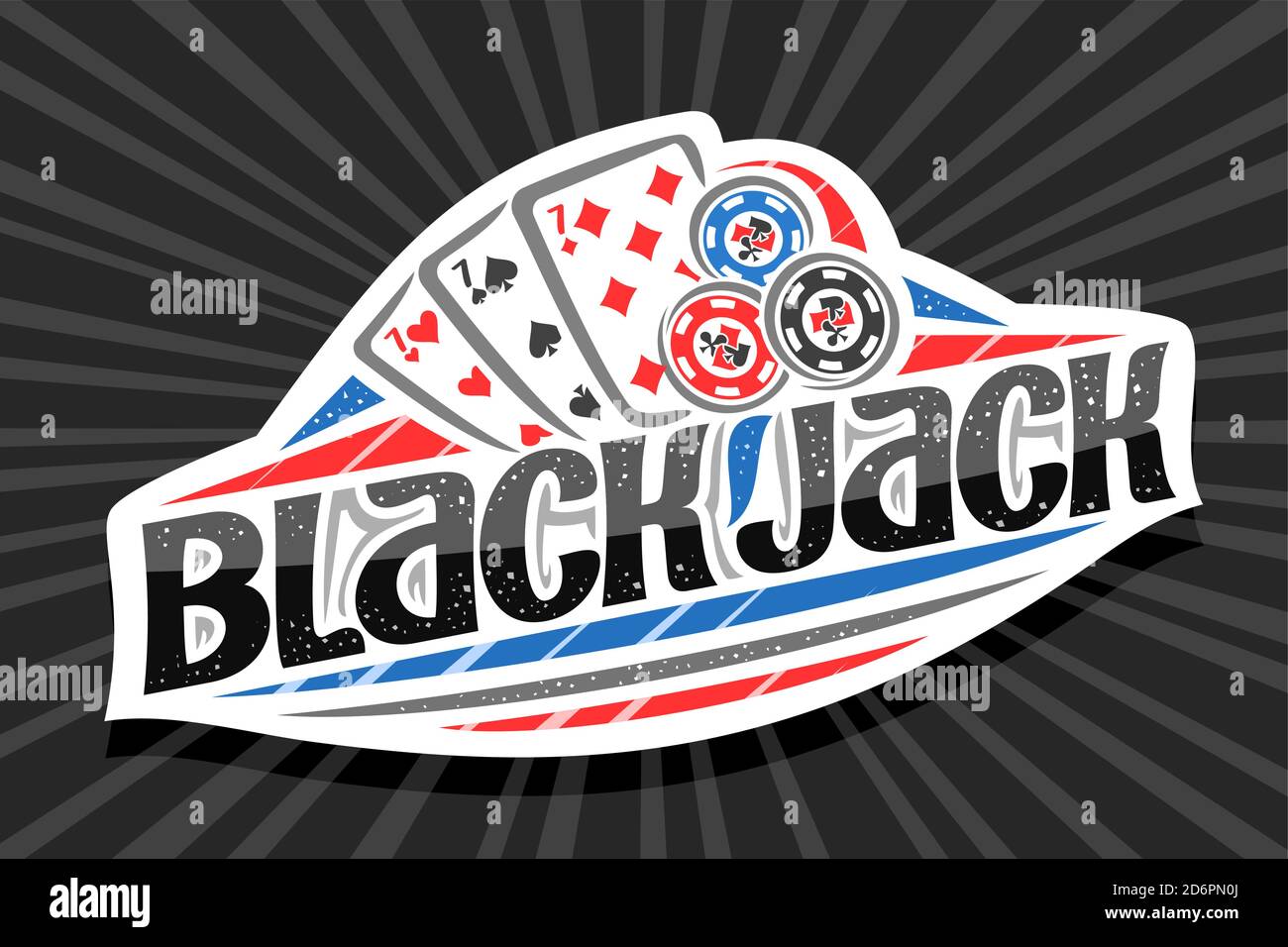 Vektor-Logo für Blackjack, weißes modernes Abzeichen mit Abbildung von 3 Spielkarten und Chips, einzigartige Beschriftung für Black Word Blackjack, Glücksspiel-Zeichen b Stock Vektor