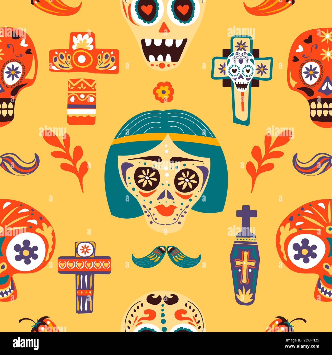 Dia de los muertos, Totenköpfe und Kreuze nahtloses Muster Stock Vektor