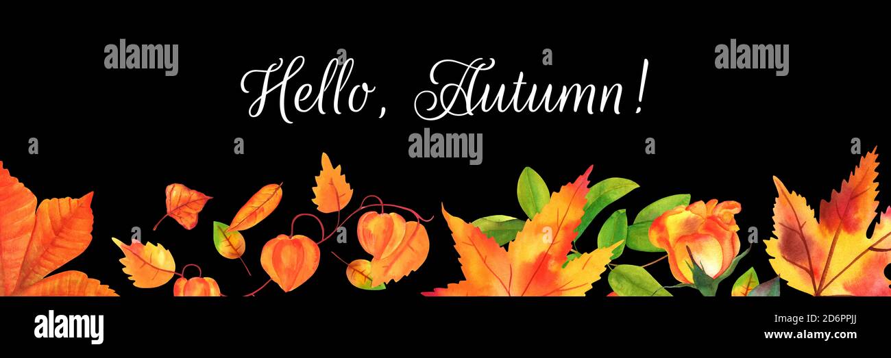 Hallo, Herbst-Panorama-Banner mit Aquarell-Blättern und Ästen, auf schwarzem Hintergrund Stockfoto