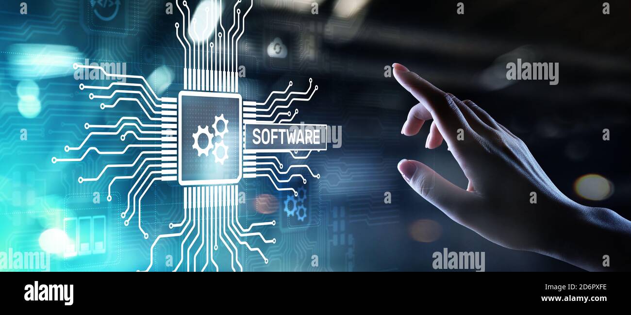 Softwareentwicklung und Geschäftsprozessautomatisierung, Internet- und Technologiekonzept auf virtuellem Bildschirm Stockfoto