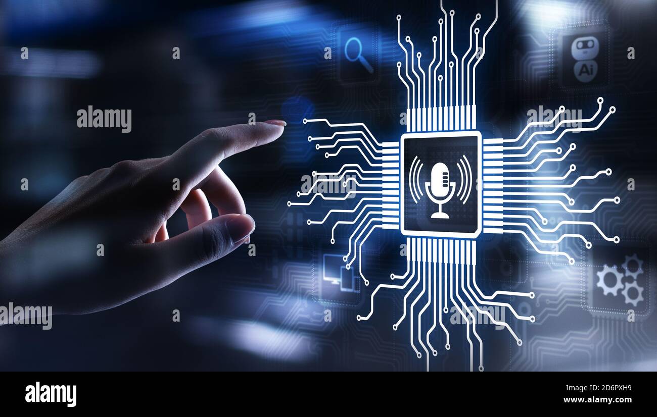 Spracherkennung suchen und das Mikrofon Symbol auf virtuellen Bildschirm Stockfoto