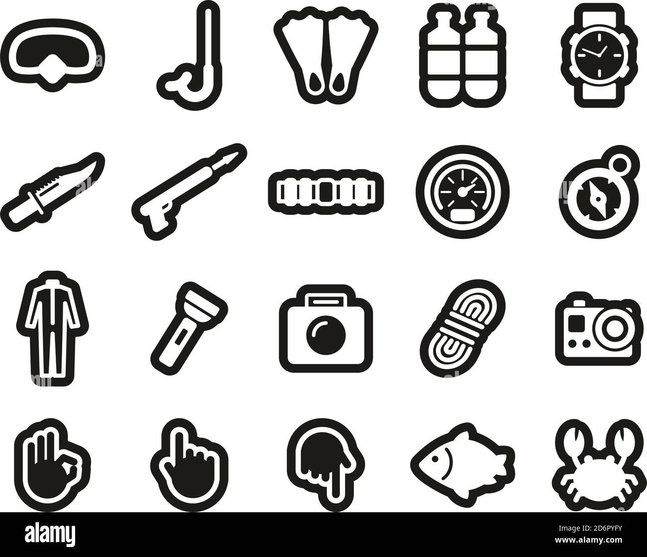 Diving & Diving Gear Icons Weiß Auf Schwarz Sticker Set Groß Stock Vektor