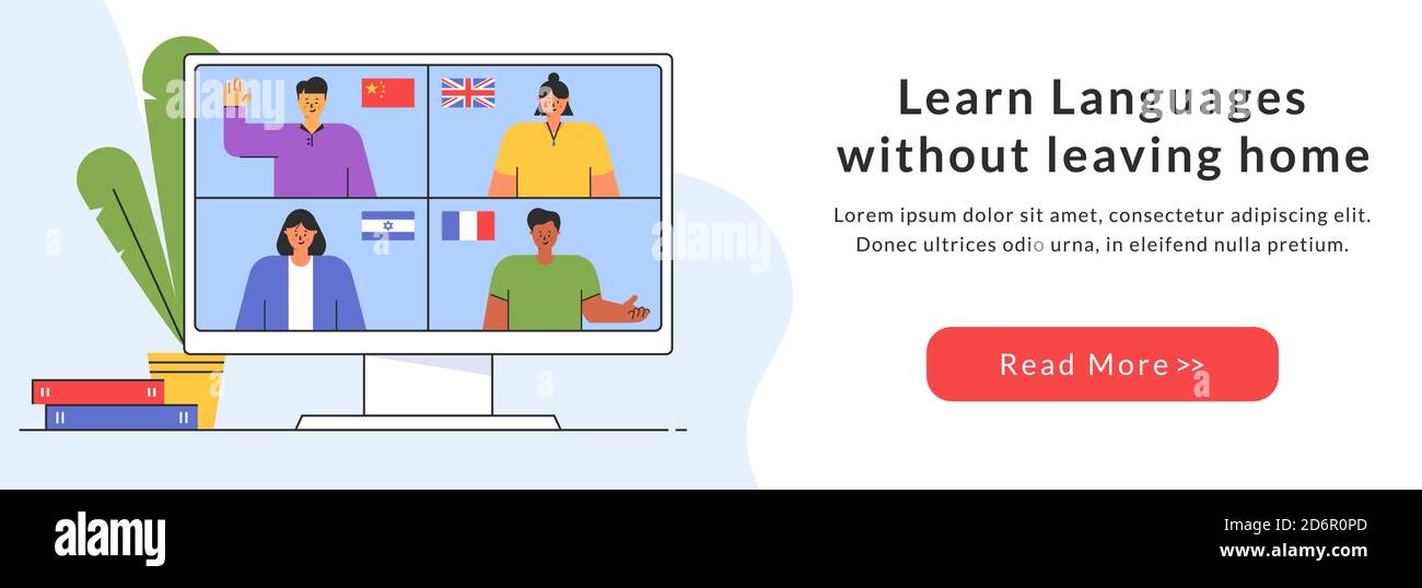 E-Learning der Fremdsprachen. Webbanner für Online-Fernschulungsangebote. Lehrer aus verschiedenen Ländern geben Unterricht auf der Website. Vektor. Stock Vektor