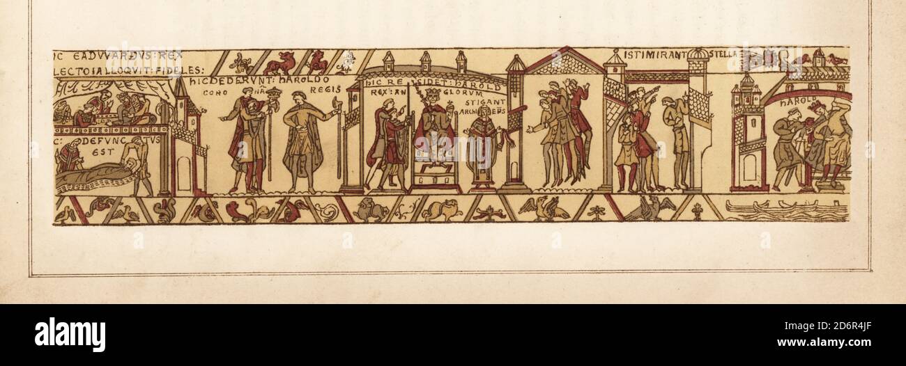 Das Sterbebett von König Edward der Beichtvater, und die Übergabe der Krone an Harold Godwinson, und seine Krönung auf einem Thron mit Erzbischof Stigand. Rechts überrascht und erschüttert der Komet von Ostern 1066 eine Menschenmenge. Chromolithographie von William Mossman nach einer Illustration von Charles Stothard für die Society of Antiquaries in Rev. John Collingwood Bruce's The Bayeux Tapestry erläutert, John Russell Smith, London, 1856. Stockfoto