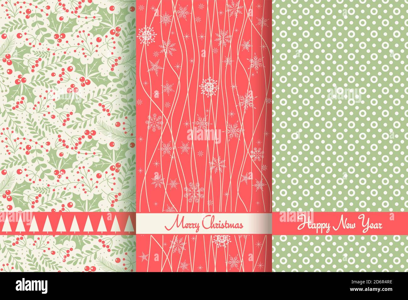 Set von Weihnachten nahtlose Muster für Grußkarten, Geschenkpapier. Handgezeichnete Winterhintergründe. Vektorgrafik Stock Vektor
