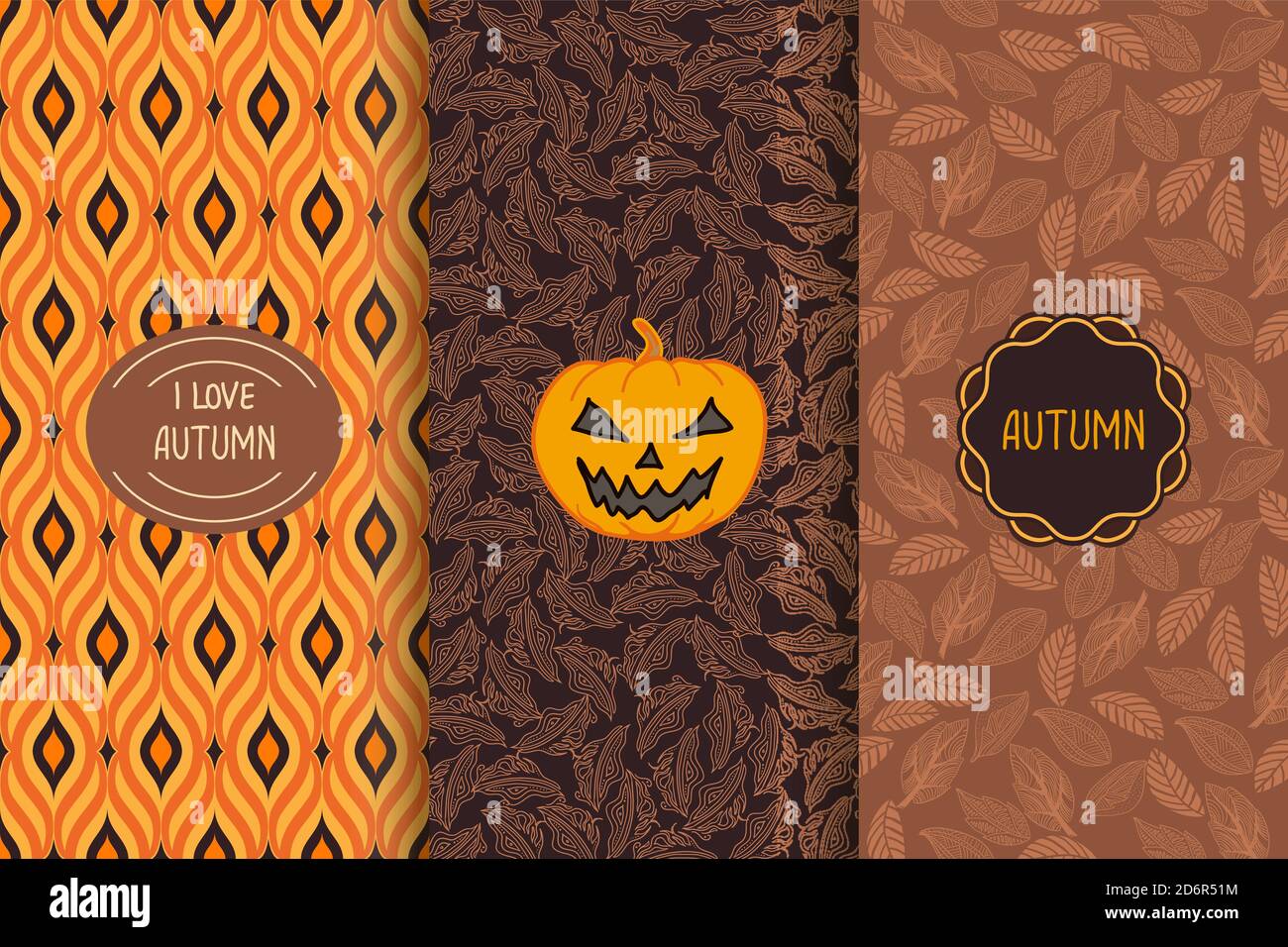 Set von Herbst nahtlose Muster. Blumenhintergrund mit Kürbis und Rahmen. Kritzeleien. Handgezeichnete Vektorgrafik. Stock Vektor