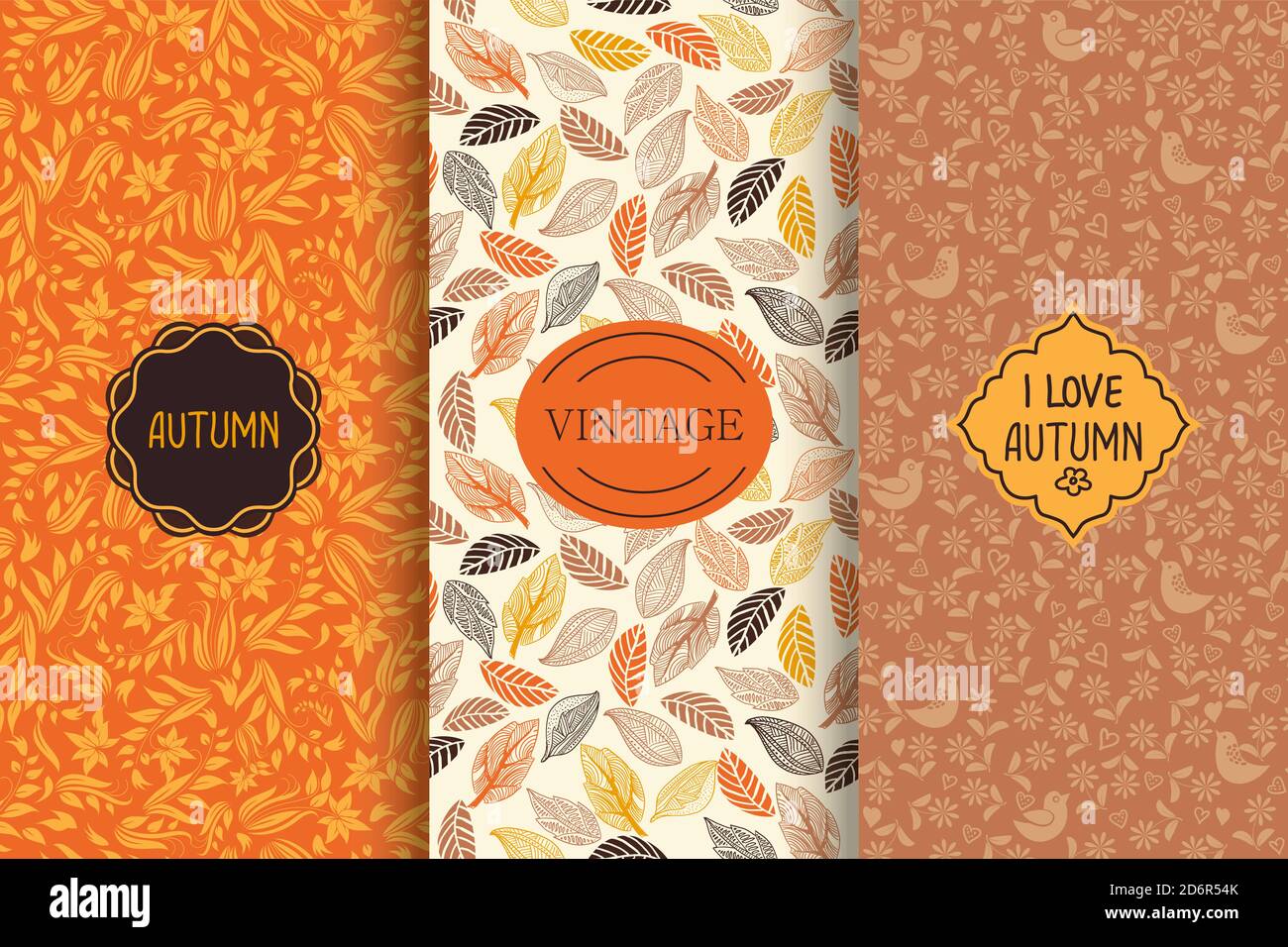Set von Herbst nahtlose Muster. Blumenhintergrund mit Kürbis und Rahmen. Kritzeleien. Handgezeichnete Vektorgrafik. Stock Vektor