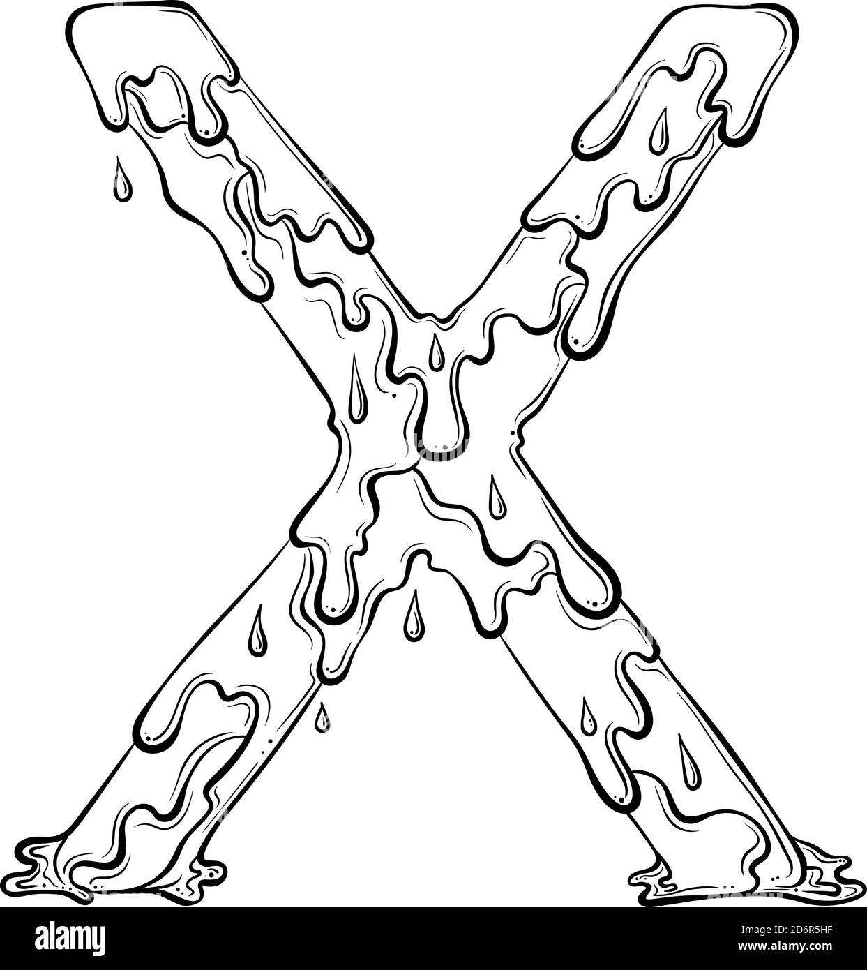 Buchstabe X mit Fliesstropfen und goo Splash. Symbol für tropfende Flüssigkeit. Vektor trendy Schriftart in Hand gezeichnet Linie Art Stil isoliert auf weißem Hintergrund. Slime-Logo oder Anfangsbuchstaben. Stock Vektor