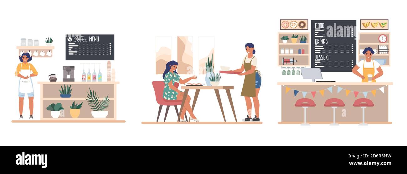 Café- oder Barszene mit Personal und Besuchern, flache Vektor isolierte Illustration. Moderne Restaurant-Innenausstattung mit Menschen Stock Vektor