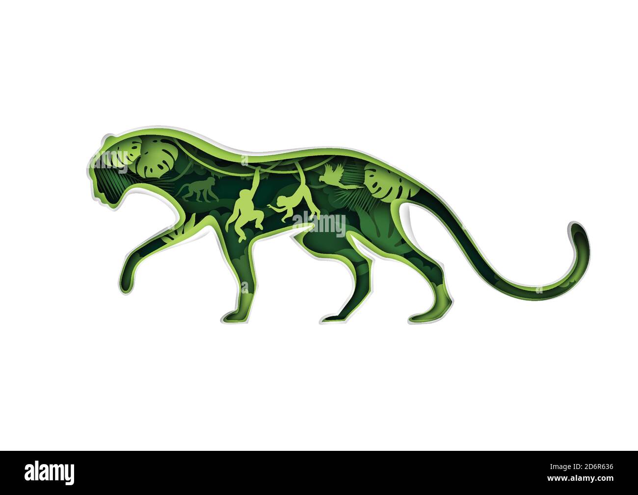 Jaguar Silhouette mit Regenwald Natur, Dschungel Tiere, Vektor-Illustration in Papierkunst Stil. Mehrfachbelichtung. Stock Vektor