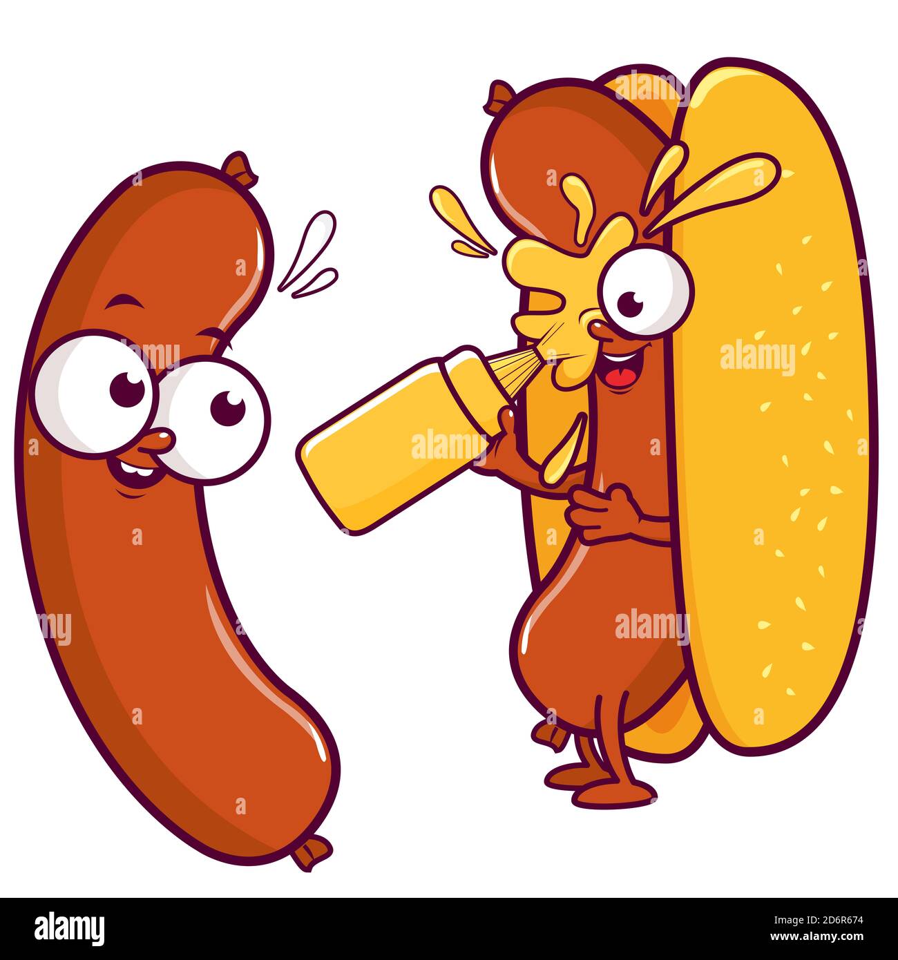 Cartoonwurst und Hot Dog, die sich mit Senf spritzen. Fastfood-Sandwich und Wurst. Stockfoto