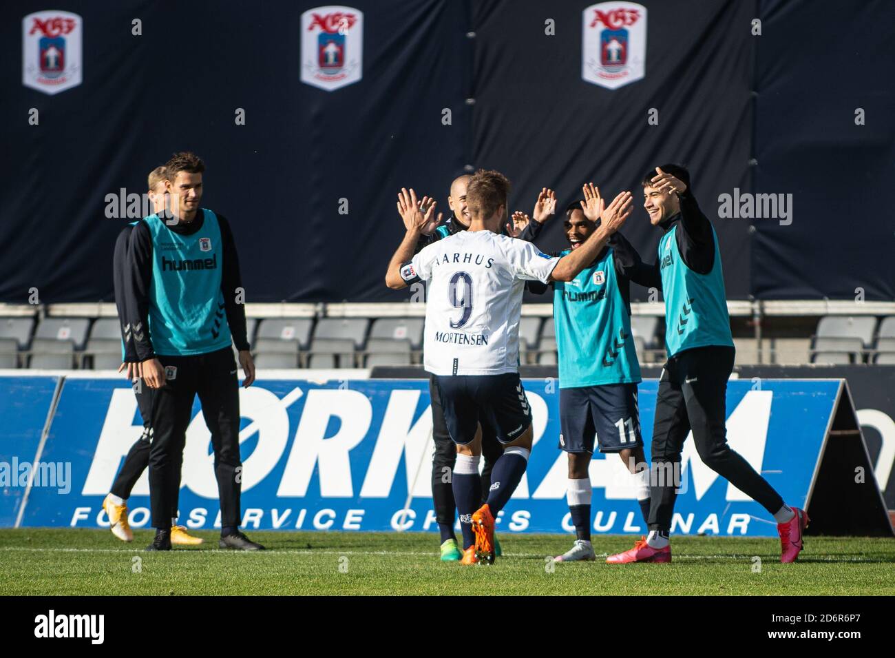 Aarhus, Dänemark. Oktober 2020. Patrick Mortensen (9) von der AGF erhält 2-0 Punkte beim 3F Superliga-Spiel zwischen Aarhus GF und AC Horsens im Ceres Park in Aarhus. (Foto: Gonzales Photo - Morten Kjaer). Stockfoto