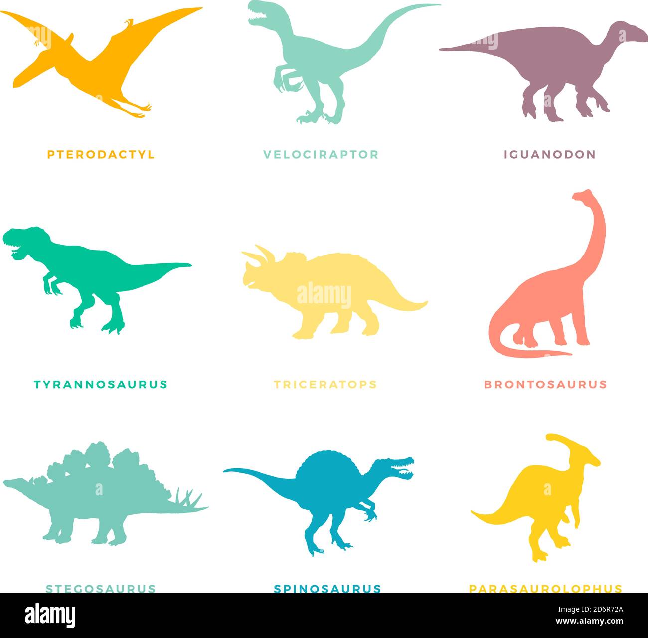 Prähistorische Dinosaurier Zeichen, Symbole oder Illustrationen Set. Bunte Vektor Ancient Reptilien Silhouttes Sammlungen. Stock Vektor
