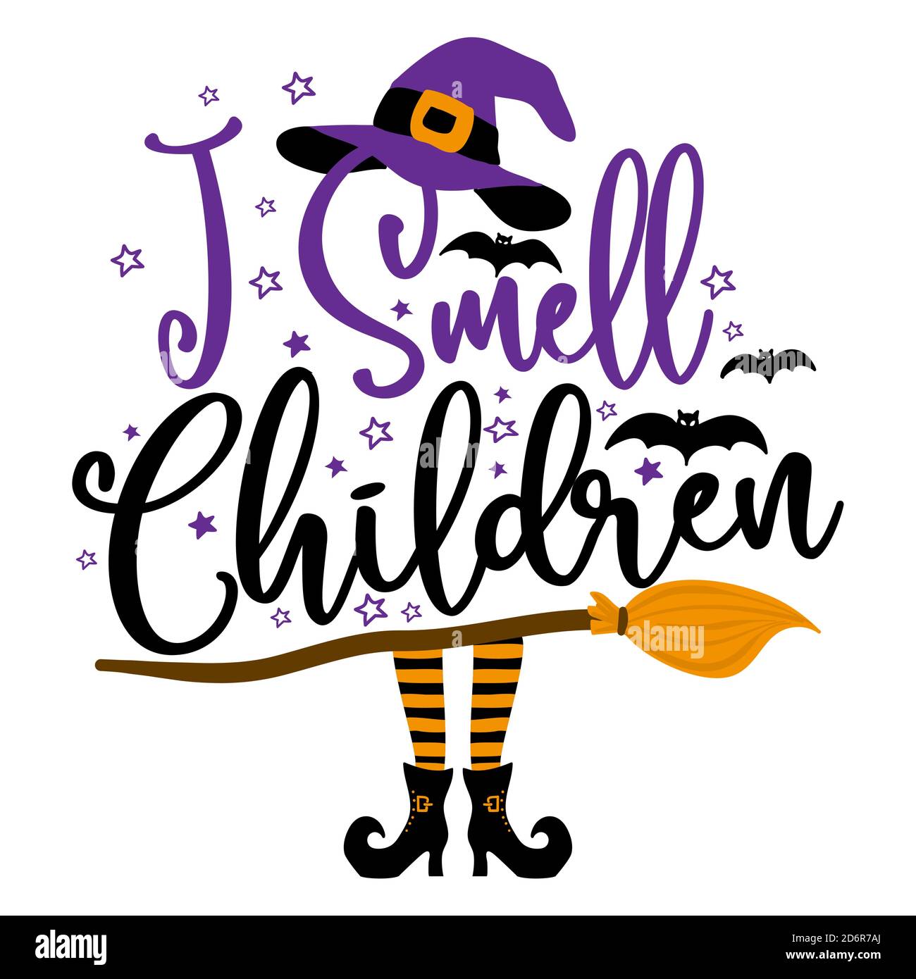 Ich rieche Kinder - Halloween Zitat auf weißem Hintergrund mit Besen, Fledermäuse und Hexenhut. Gut für T-Shirt, Tasse, Schrott Buchung, Geschenk, Druckmaschine. Hol Stock Vektor