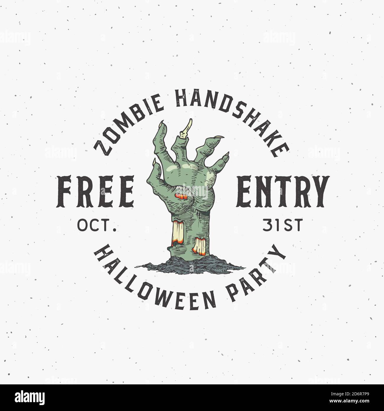 Zombie Handshake Party Vintage Stil Halloween Logo oder Label Vorlage. Handgezeichnetes Untote Leiche Rotten Arm Sketch Symbol und Retro Typografie. Schäbig Stock Vektor