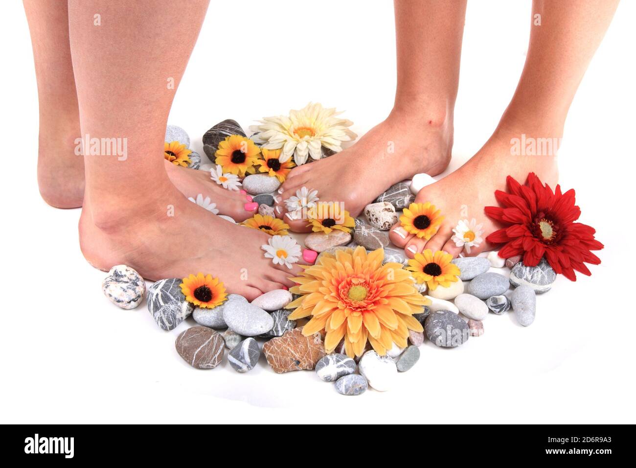 Frauen Füße und Blumen als schöne Pediküre Hintergrund Stockfoto