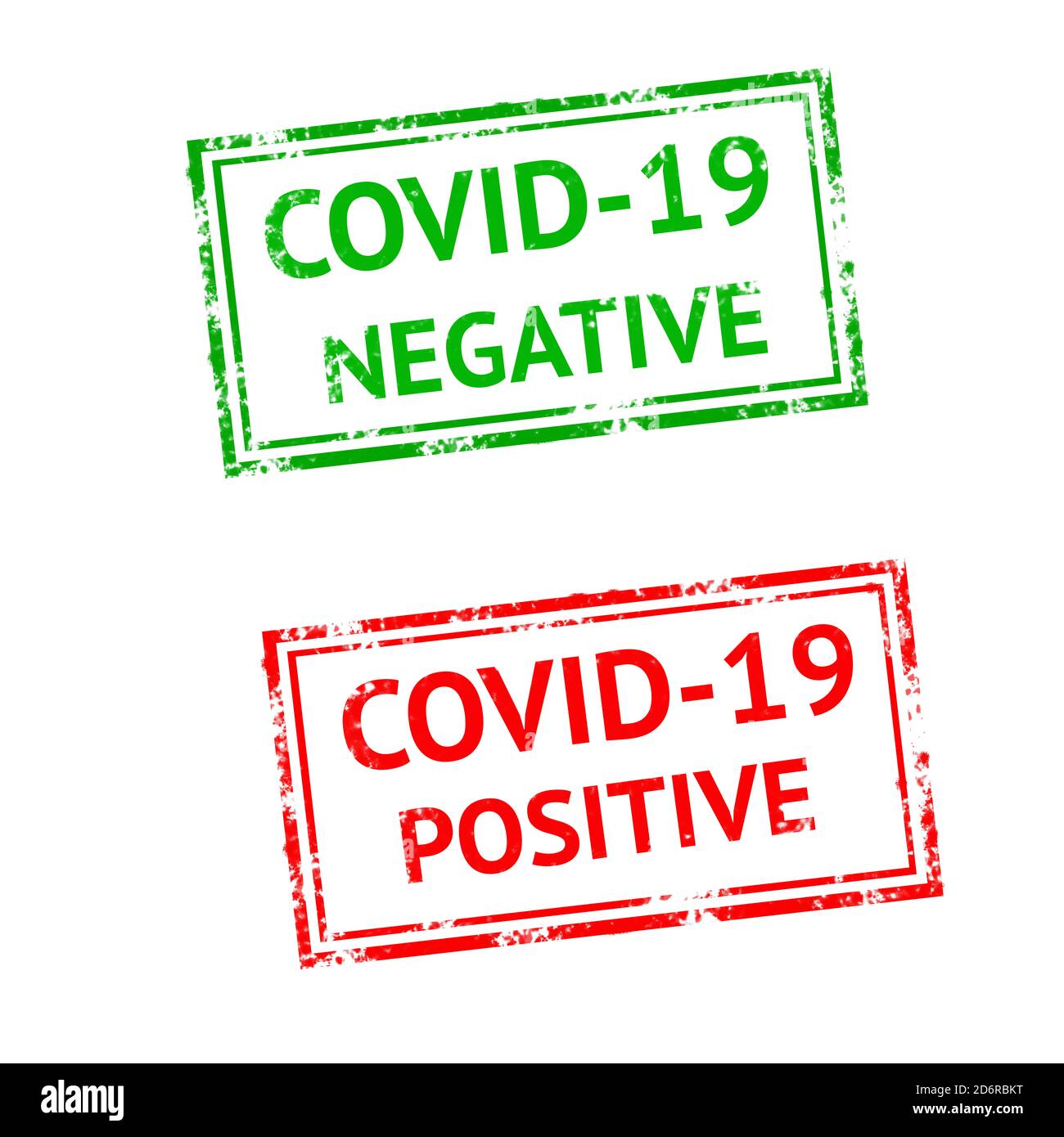 COVID-19 NEGATIV- und POSITIVTEXT mit roten und grünen Gummistempeln, Konzeptbild Stockfoto