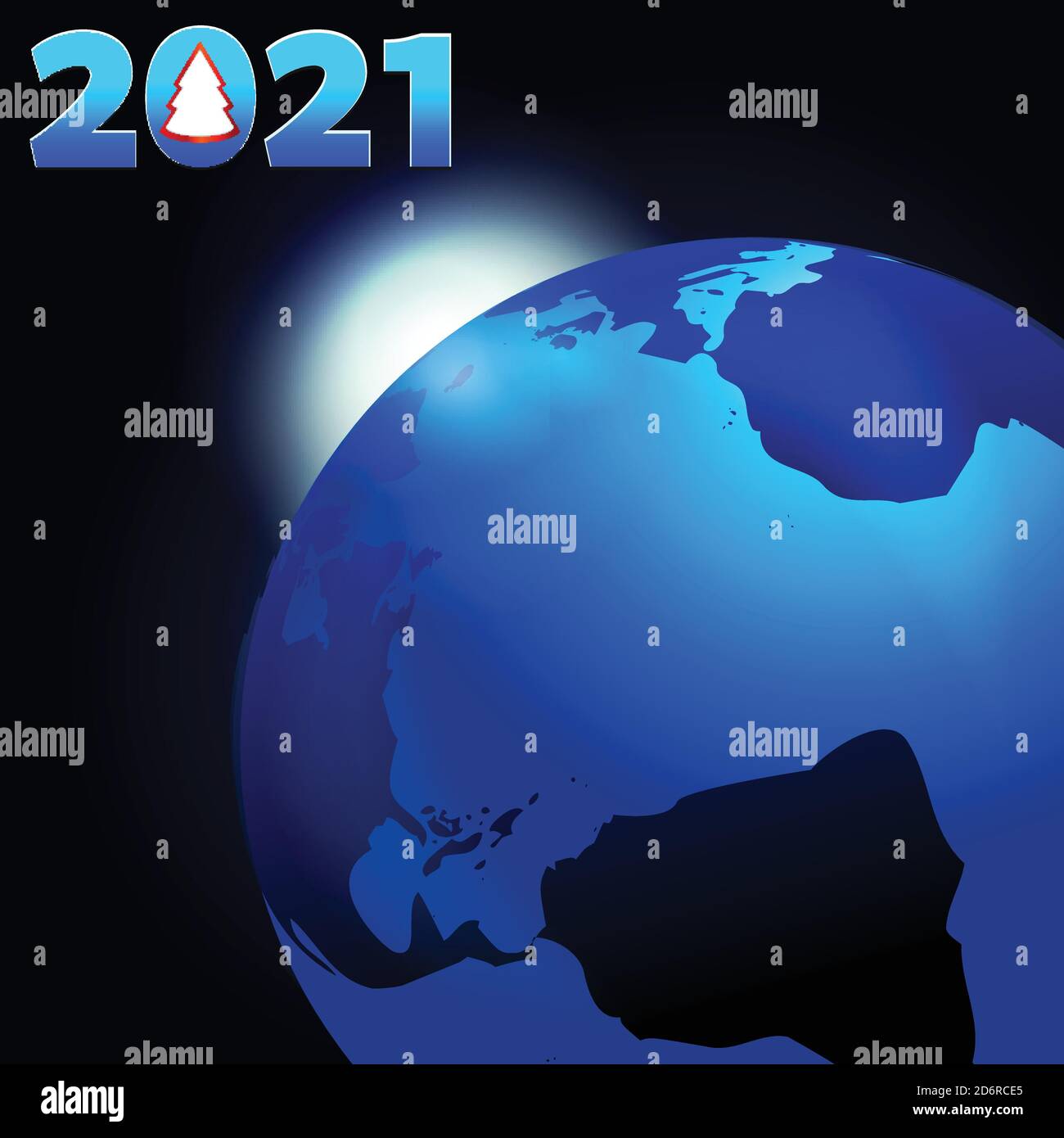 Neujahr 2021 Schwarzer Hintergrund Mit Planet Herz Und Sonne Aufsteigende Und Dekoriert Twenty Einundzwanzig Mit Abstraktem Weihnachtsbaum Stock Vektor