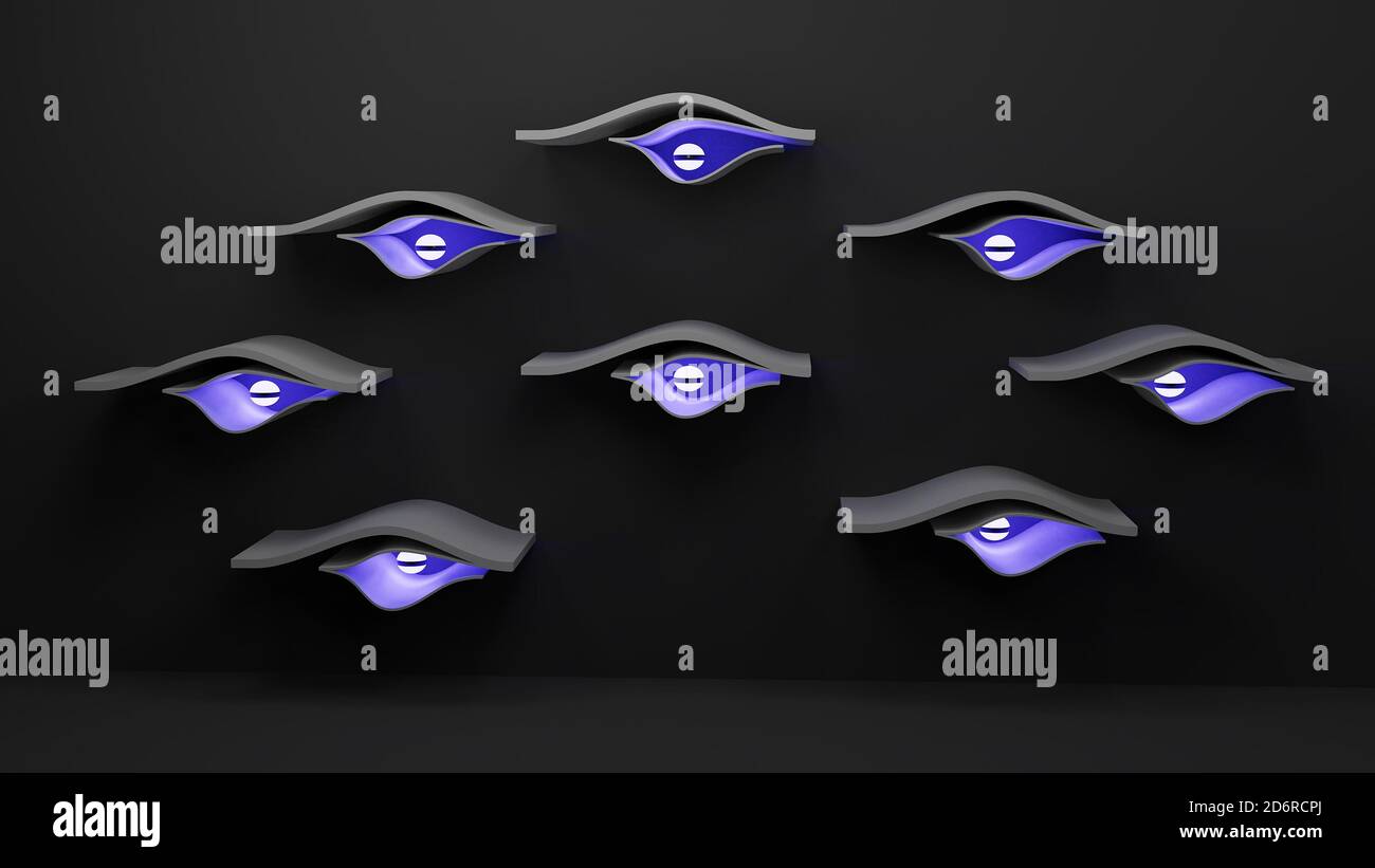 Die attraktivste Wand mit grauen Augen mit blau beleuchteten Kugeln geschmückt. Stockfoto