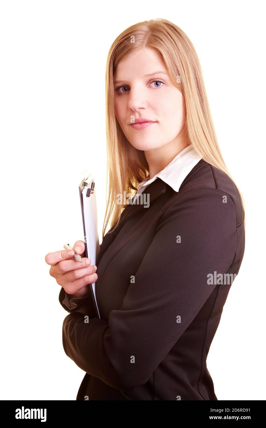 Blonde Geschäftsfrau hält eine Zwischenablage Stockfoto