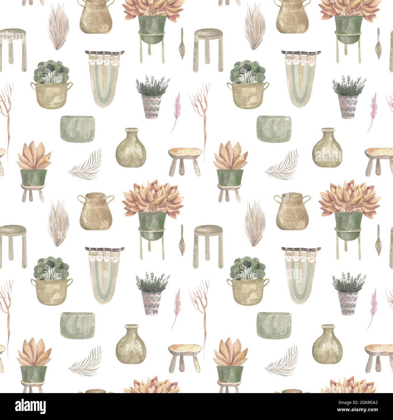 Nahtloses Muster von Boho Pflanzen und Blumen im Innenbereich in Körben und hängenden Töpfen Macrame Dekor. Vektor-Illustration eines modernen Wohnraums auf einem weißen Stock Vektor