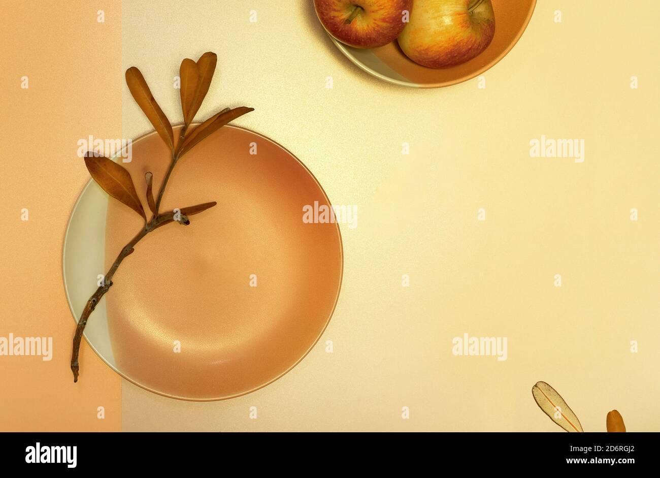 Herbst flach legen mit Tellern, trockenen Blättern und Äpfeln auf Papier Hintergrund mit Schatten von der Sonne Stockfoto
