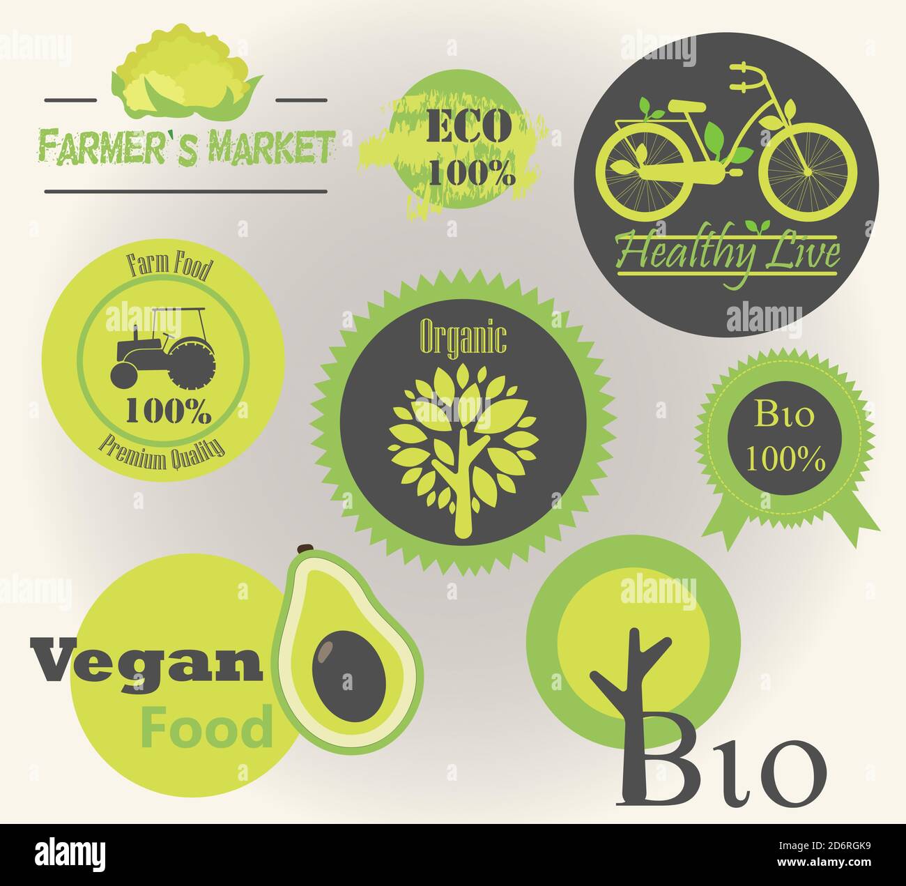 Eine Reihe von Logos auf Veganismus, Ökologie, landwirtschaftliche Produkte und Bio-Naturfrüchten und Gemüse. Flache Symbole für Vegetarismus, gesunde Ernährung und natürliche Produktion. Umweltschutz.Grafikdesign, editierbar für Ihr Design. Stock Vektor