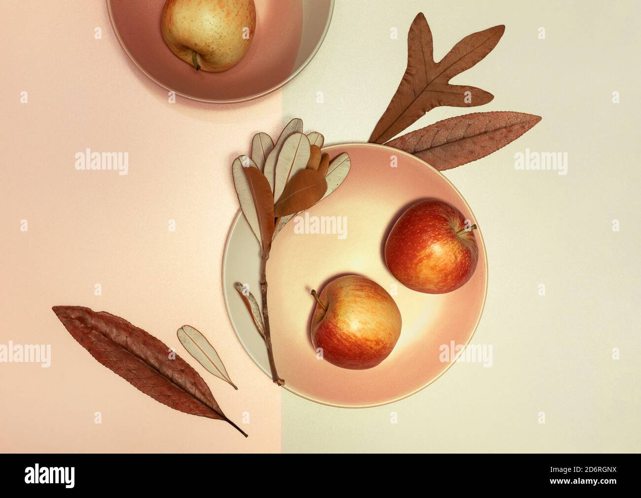 Herbst flach legen mit Tellern, trockenen Blättern und Äpfeln auf Papier Hintergrund mit Schatten von der Sonne Stockfoto