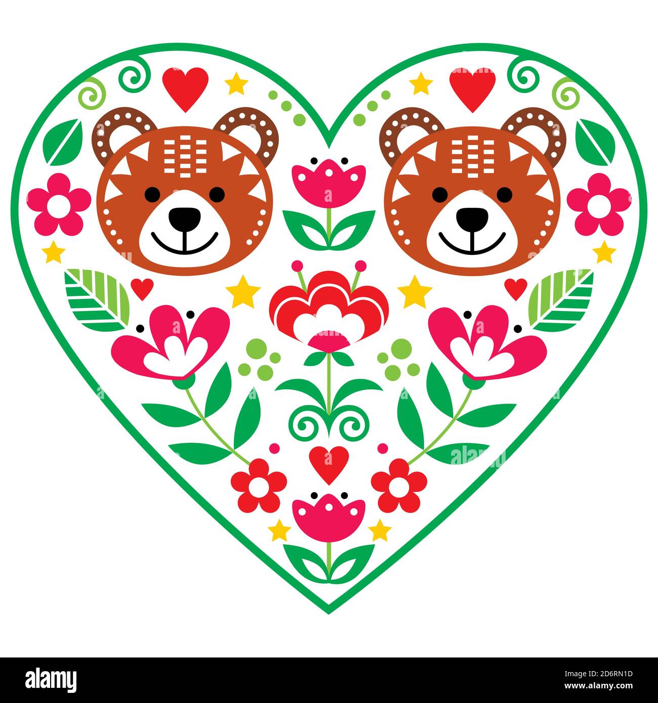 Skandinavisches Herz mit zwei Bären in der Liebe und Blumen Volkskunst Vektor-Design, Valentinstag Blumen Grußkarte oder Hochzeit Einladung Stock Vektor