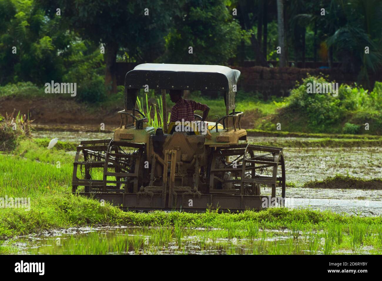 Pflügen eines landwirtschaftlichen Feldes mit einem Traktor in kerala Stockfoto