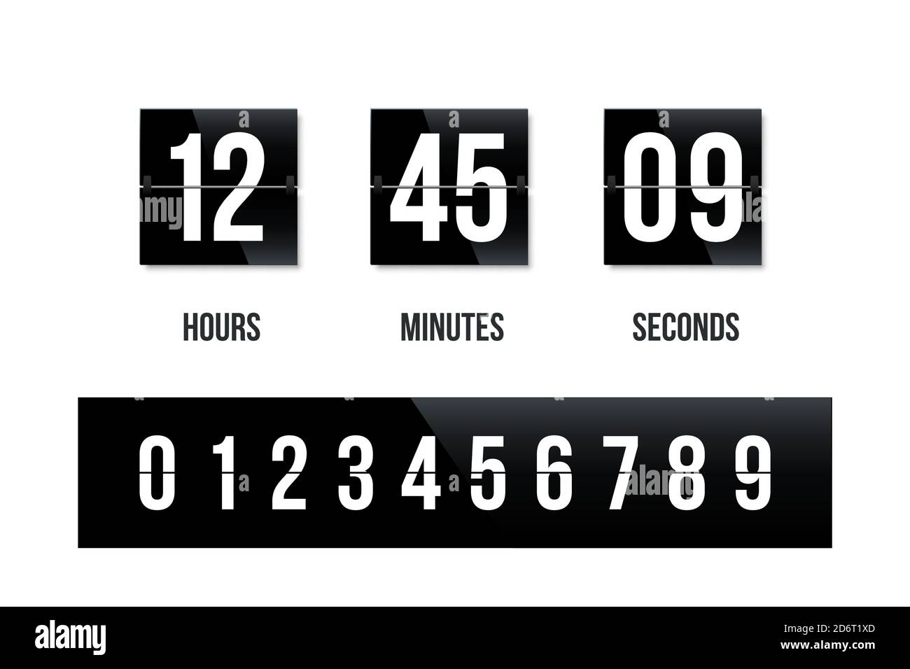 Flipboard schwarze Uhr-Panel mit Zahl Countdown. Moderne Zähleranzeige für Zeitvektordarstellung. Verbleibende Stunden, Minuten, Sekunden auf dem Display Stock Vektor
