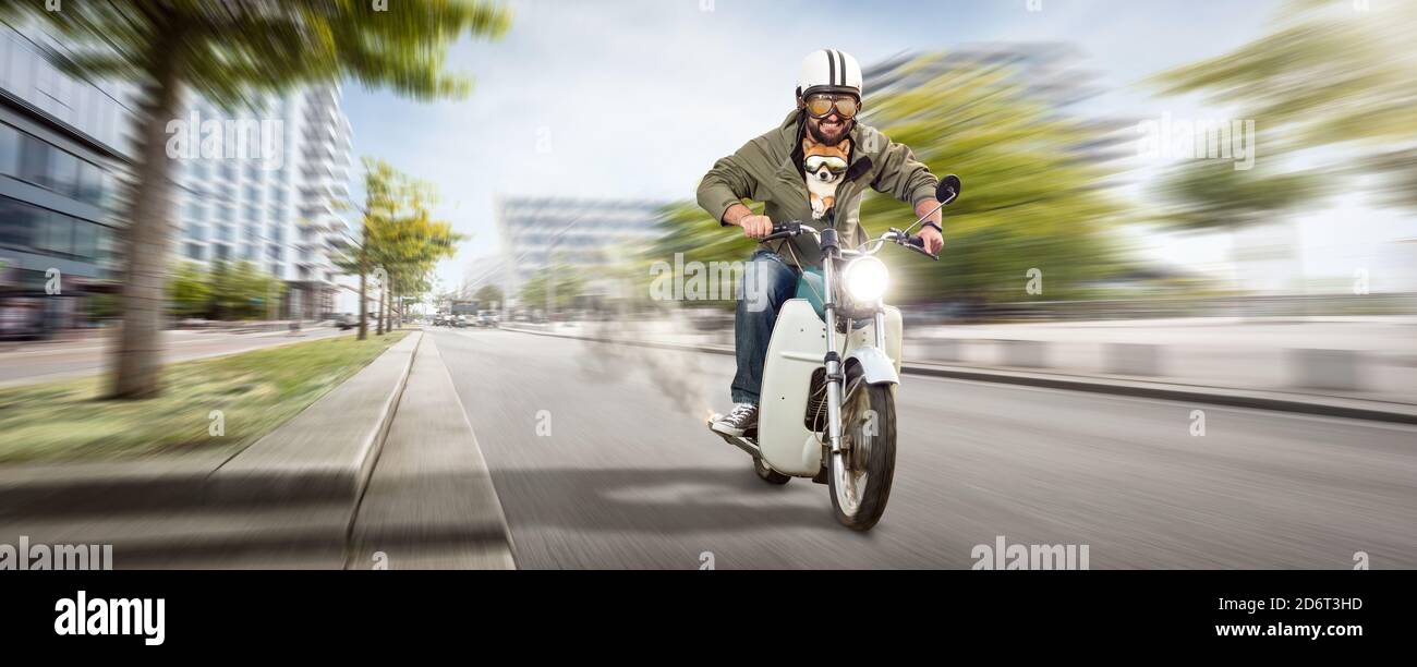 Mann und sein Hund fahren durch die Stadt auf einem Motorrad Stockfoto