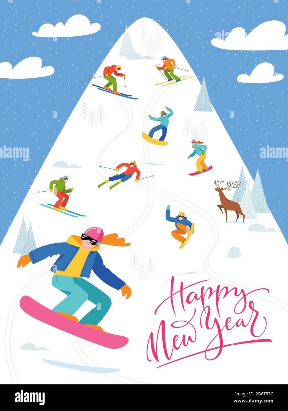 Ski-Resort Poster mit Menschen, die Wintersport. Stock Vektor