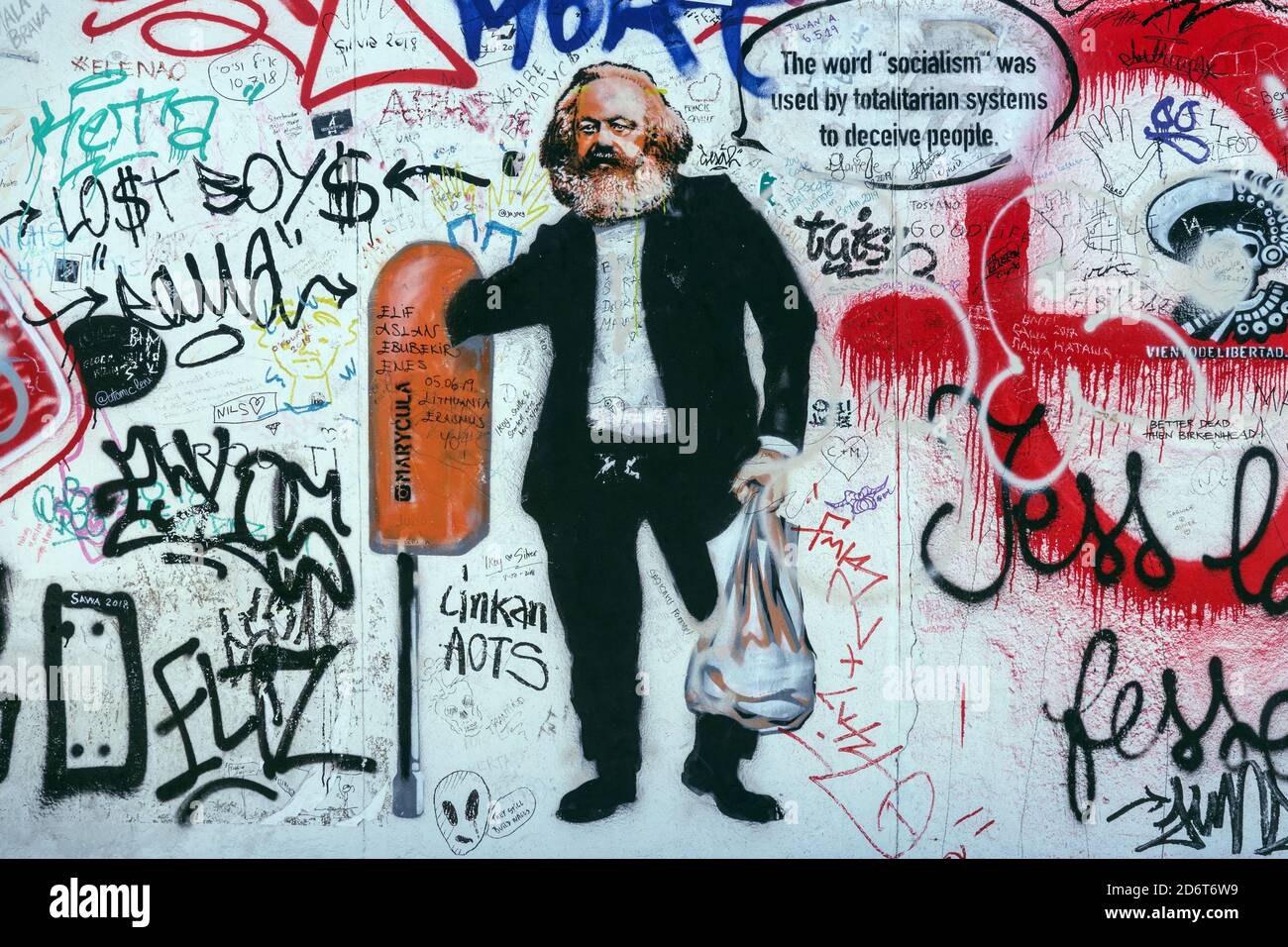 Karl Marx Graffiti auf dem Originalteil der Berliner Mauer In der East Side Gallery in Friedrichshain Berlin Deutschland Stockfoto