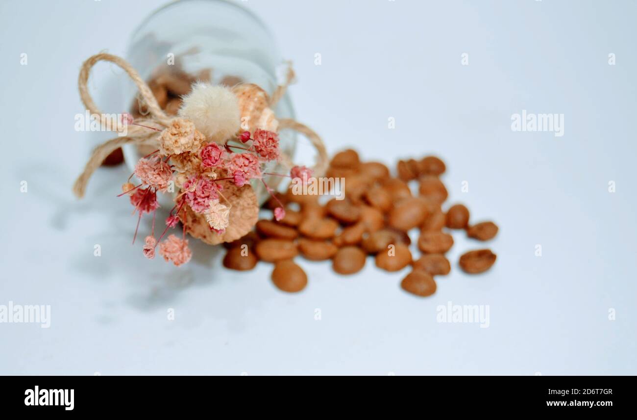 Frische und getrocknete Kaffeebohnen auf dem isolierten Hintergrund. Niedliche und kleine Glas und alten Stil Weinstopper mit künstlichen Blumen. Stockfoto