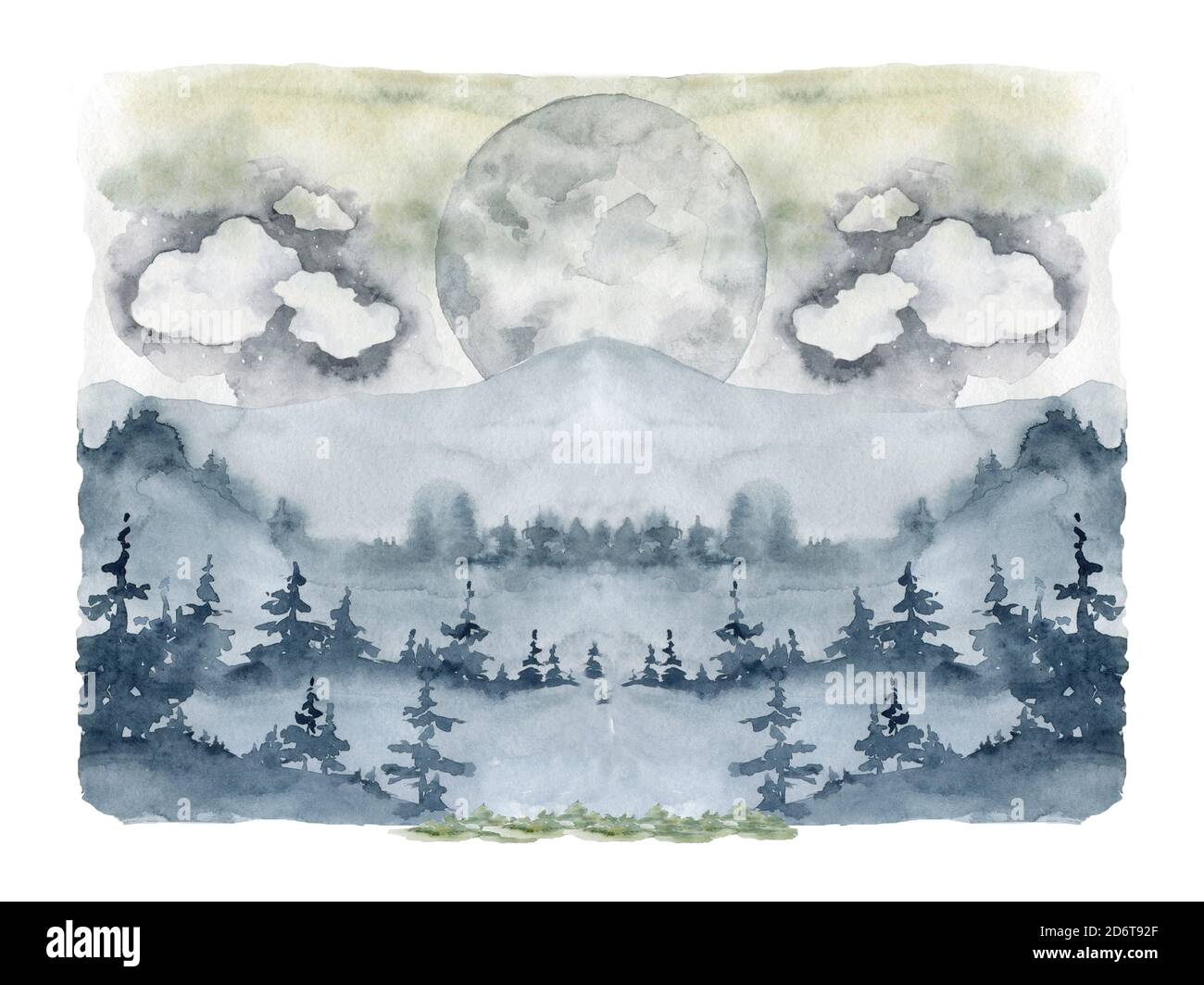 Wilde Waldbäume und hohe Berge im Nebel handgezeichnet Mit Aquarell Landschaft Hintergrund Stockfoto
