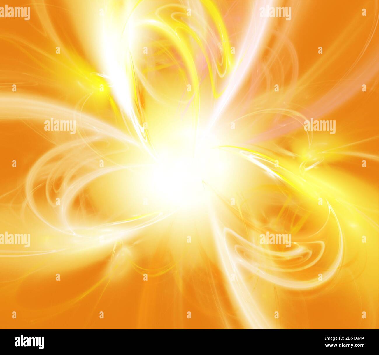 Abstrakte Formen von Schleifen auf orangefarbenem Hintergrund. Stern aus der Nähe im Weltraum, die Sonne blinkt. Digitale fraktale Kunst. 3d-Rendering Stockfoto
