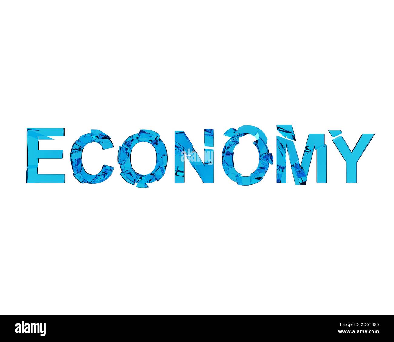 Gebrochenes Wort Wirtschaft, gebrochene Wirtschaft, Konzept der Zerstörung der Wirtschaft des Landes, Pandemie Folgen. 3d-Illustration Stockfoto