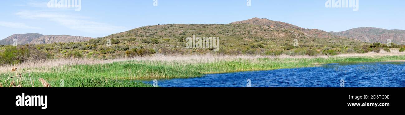Panorama des oberen Staudamms und der Rückbetten im Vrolijkheid Nature Reserve, Breede River Valley, Western Cape, Südafrika im Frühjahr bekannt für Wanderweg Stockfoto