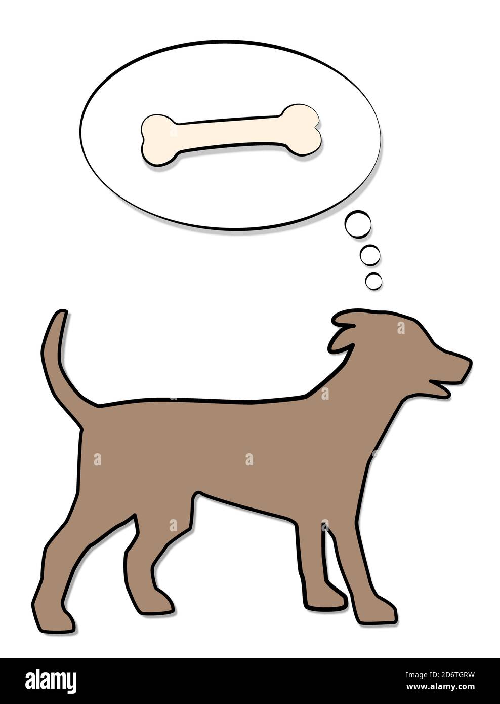 Hund Denken von Knochen in Gedanken Ballon, symbolisch für Hunger, Belohnung, Wunsch oder Instinkt - Comic-Illustration auf weißem Hintergrund. Stockfoto