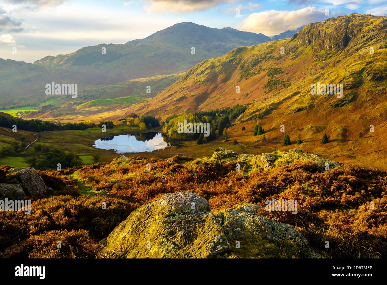 Blea Tarn mit Wetherlam in der Ferne. Lake District National Park Stockfoto