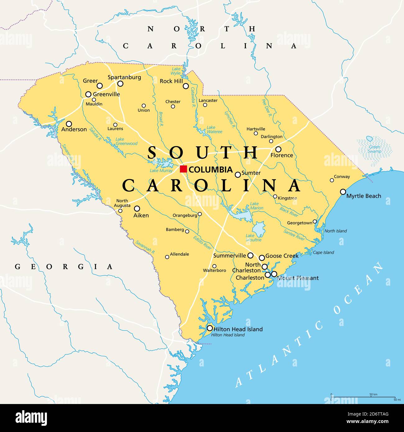 South Carolina, SC, politische Karte, mit der Hauptstadt Columbia, größten Städten und Grenzen. Staat in der südöstlichen Region der Vereinigten Staaten. Stockfoto