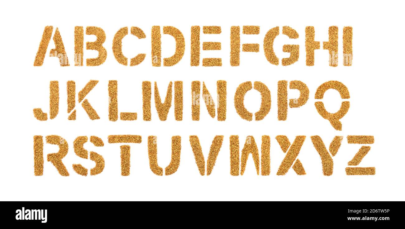 Goldenes Alphabet aus Glitter isoliert auf Weiß Stockfoto