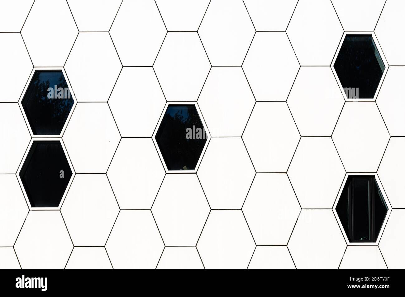 Sechseckige moderne Architektur Hintergrund, Zelle, Zellen, Wabe schwarz und weiß, sechseckige Form Wand und Fenster, abstrakte Komposition, Netz Stockfoto