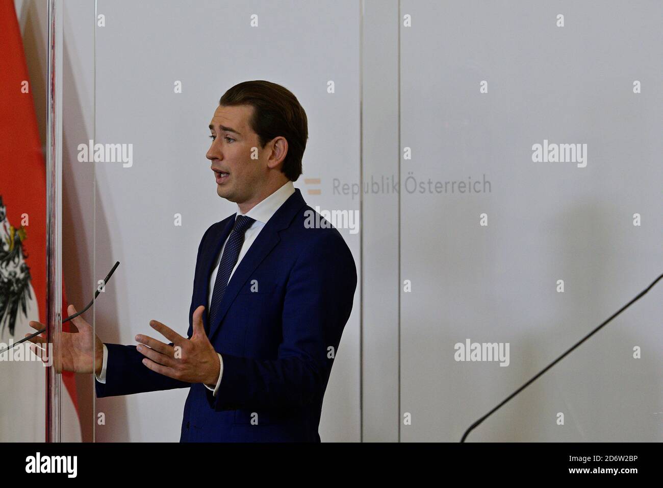 Wien, Österreich. 19. Okt. 2020. Pressekonferenz mit Kanzler Sebastian Kurz nach einer Videokonferenz mit den österreichischen Provinzgouverneuren Stockfoto