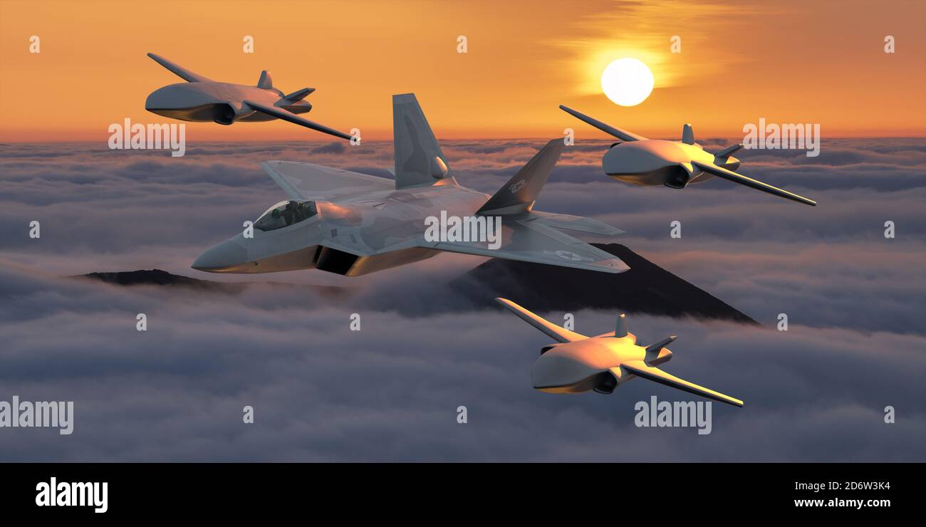 Lockheed Martin F-22 Raptor in einer Formation mit Kampfdrohnen aus dem loyalen Wingman-Programm, künstlerische Vision. Stockfoto